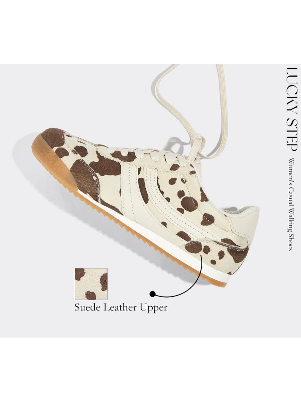 Women's Cow Print Lightweight Thin Sole Lace up Anti Slip Classic Retro Sneakers - Picture 3 of 6